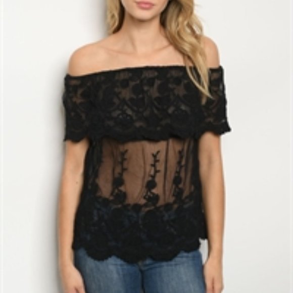 Tops - Off the shoulder Black mesh flora embroidered top